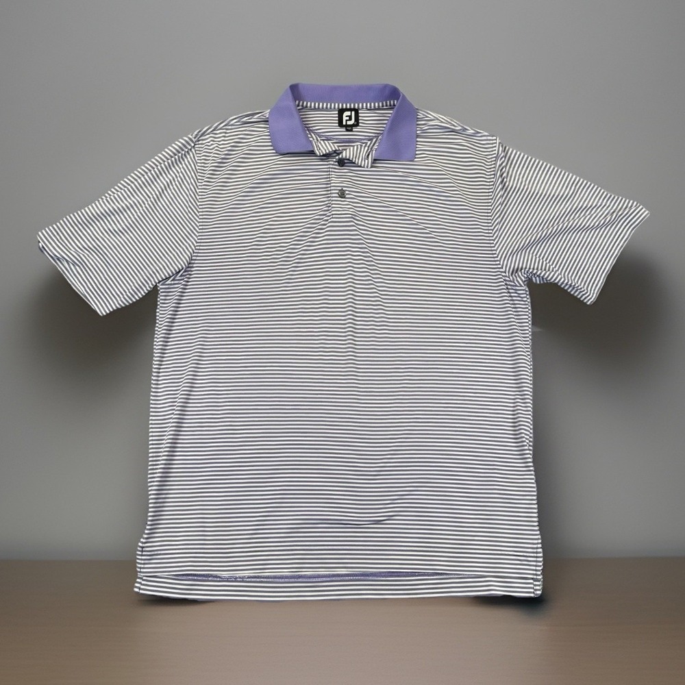 Footjoy Polo Shirt Mens XL Purple White Stripes Performance Wicking Golf Polo